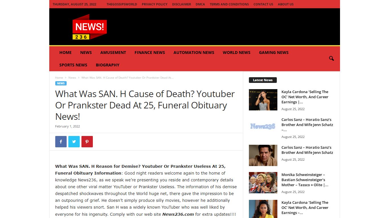 What Was SAN. H Cause of Death? Youtuber Or Prankster Dead At 25 ...